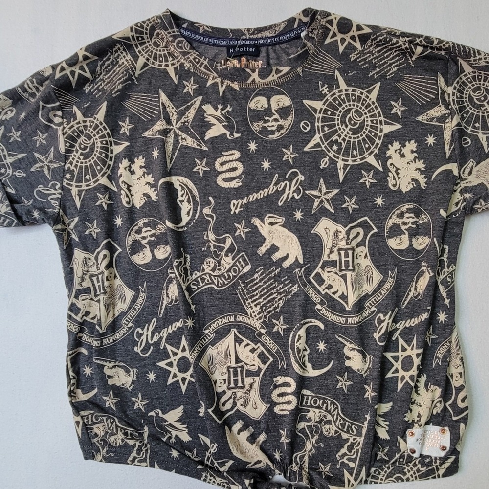 Harry Potter Hogwarts Celestial Graphic Tie Front T-Shirt Gray Gold Medium 2325